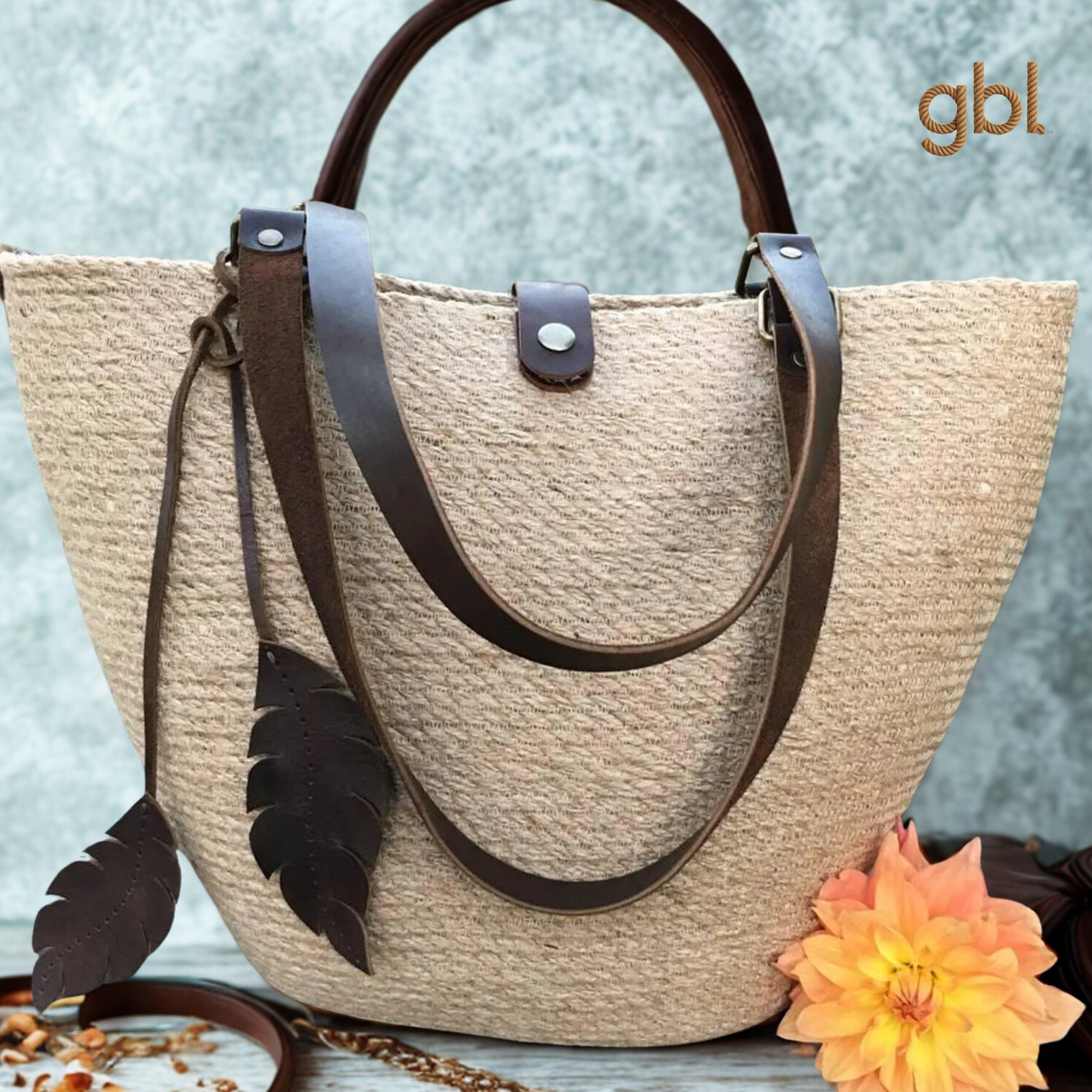 Jute Tote Bag with Leather Handles - Image 3